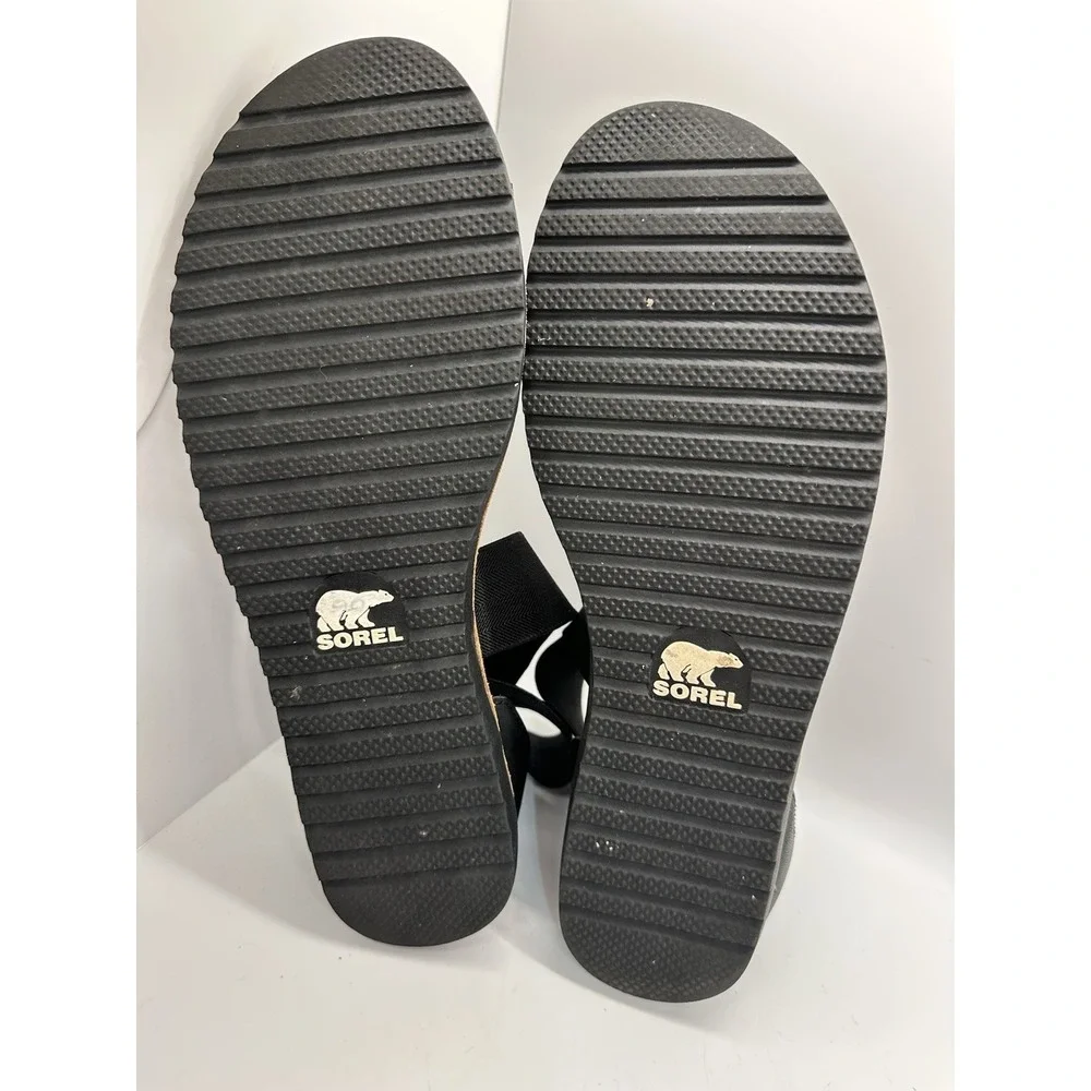 Sorel Ella Flat Black‎ Leather Elastic Strap Sandals Women's 8.5 / EU 39